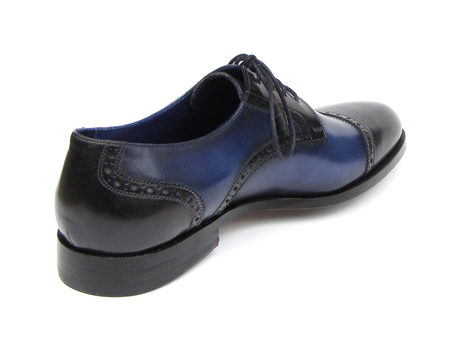 Paul Parkman Men's Parliament Blue Derby Shoes featuring hand-painted leather upper and antique burnished sole.